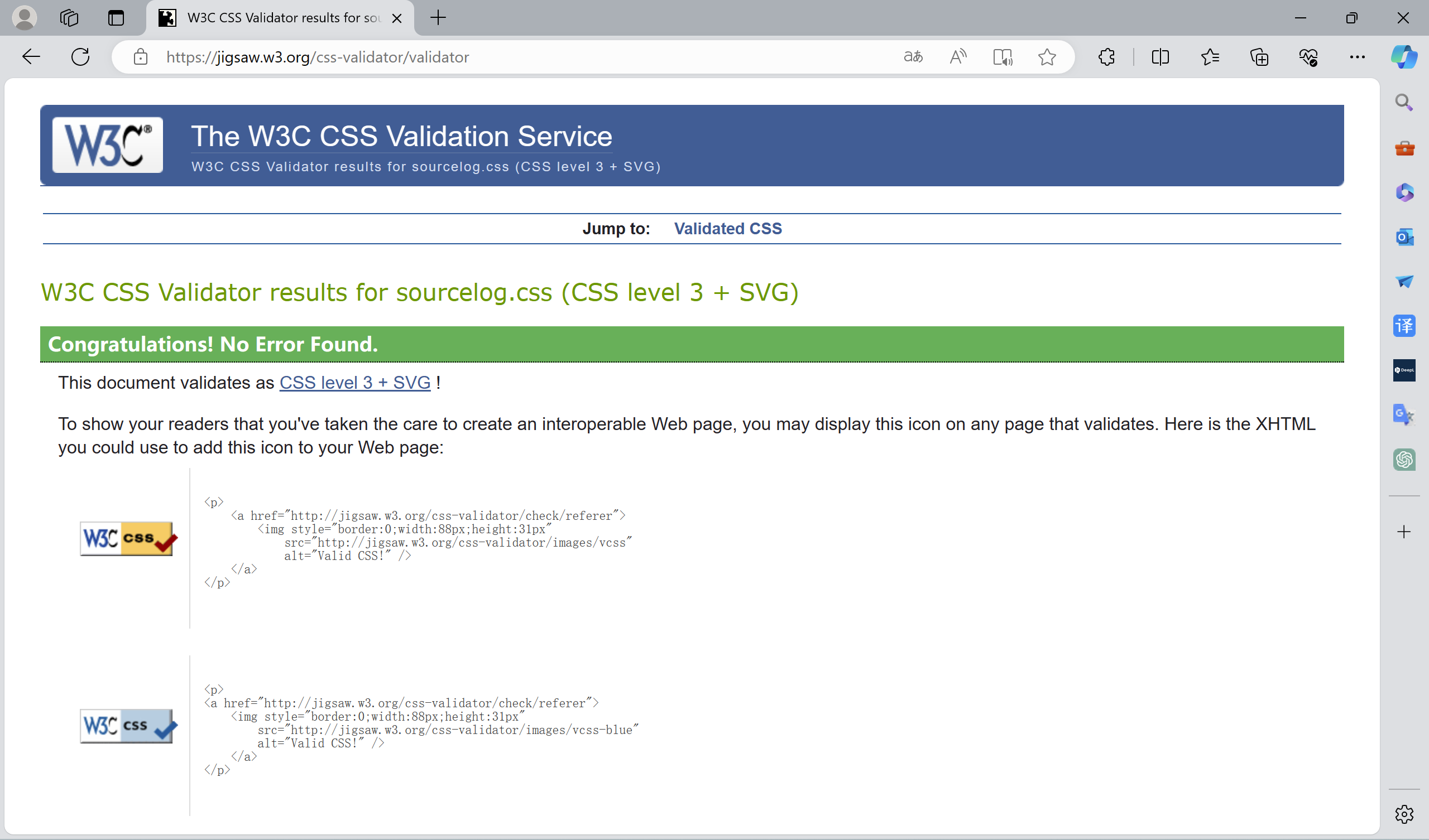 sourcelog-css validation screenshot
